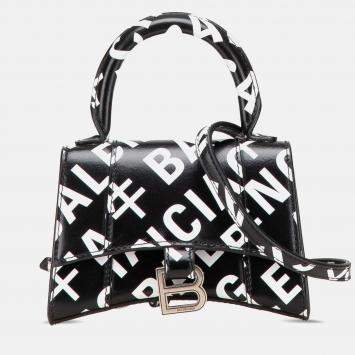 Balenciaga Black Mini Smooth Calfskin Allover Logo Print Hourglass Top Handle Bag
