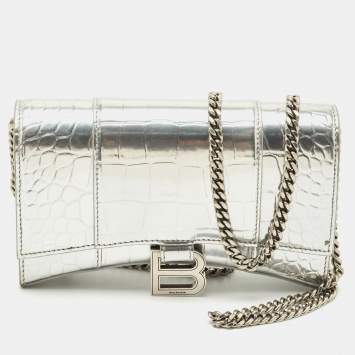 Balenciaga Silver Croc Embossed Patent Leather Hourglass Wallet on Chain