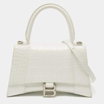 Balenciaga White Croc Embossed Leather Small Hourglass Top Handle Bag