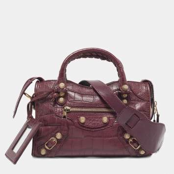Pre Owned Balenciaga Burgundy Croc Embossed Leather Mini Classic City Bag