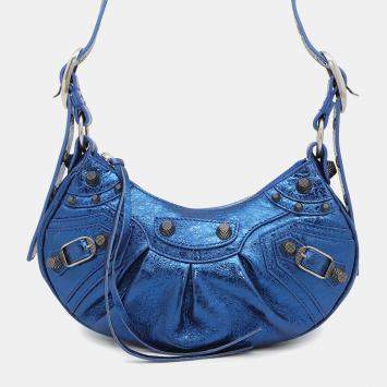Pre Owned Balenciaga Luca Metallic Blue Leather Shoulder Bag 