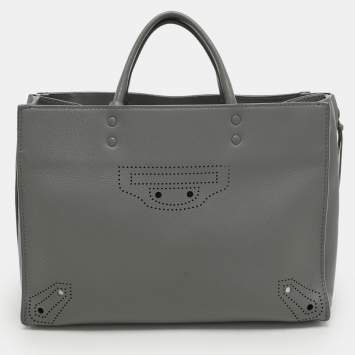 Pre Owned Balenciaga Grey Perforated Leather Blackout Hardware Papier B4 Tote 