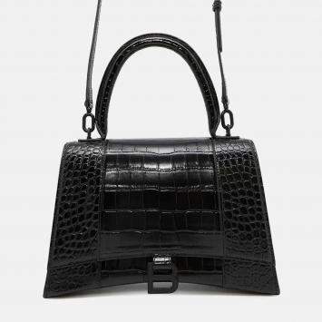 Pre Owned Balenciaga Hourglass Black Embossed Leather Shoulder Bag