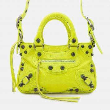 Pre Owned Balenciaga Neo Cagole Small Shocking Yellow Arena Lambskin Shoulder Bag