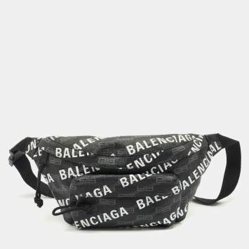 Balenciaga Black BB Monogram Coated Canvas Logo Medium Signature Belt Bag