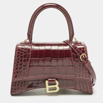 Balenciaga Burgundy Croc Embossed Leather Small Hourglass Top Handle Bag