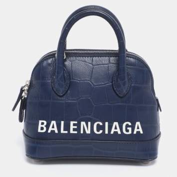Pre Owned Balenciaga Blue Croc Embossed Leather XXS Ville Satchel