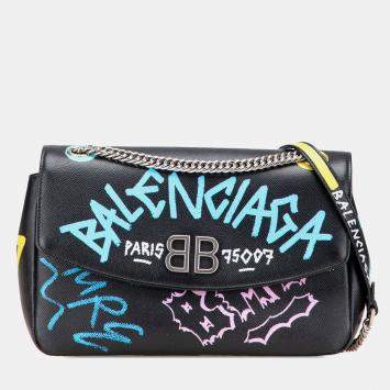 Balenciaga Black M Grained Calfskin Graffiti BB Round Crossbody