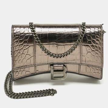 Pre Owned Balenciaga Metallic Grey Croc Embossed Leather Hourglass Wallet on Chain