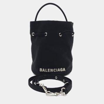 Pre Owned Balenciaga Black Fabric Wheel Drawstring Bucket Bag XS