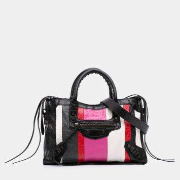 Pre Owned Balenciaga Black Multicolor Small Lambskin Motocross Striped Classic City Satchel