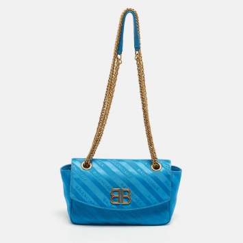 Pre Owned Balenciaga Blue Logo Jacquard Nylon BB Chain Round Shoulder Bag