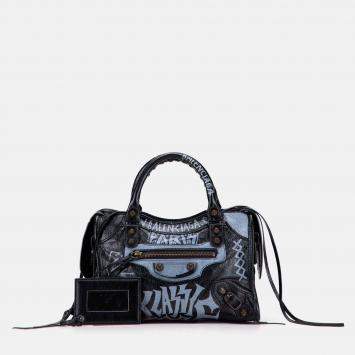 Pre Owned Balenciaga Black Blue Mini Lambskin Motocross Graffiti Classic City Satchel