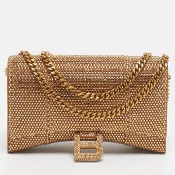 Pre Owned Balenciaga Gold Suede Crystal Embellished Hourglass Wallet on Chain