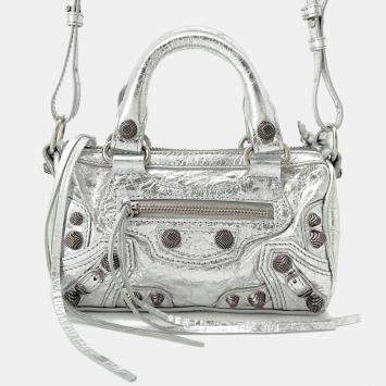 Pre Owned Balenciaga Le Cagoule Silver Leather Nano 2-Way Shoulder Bag