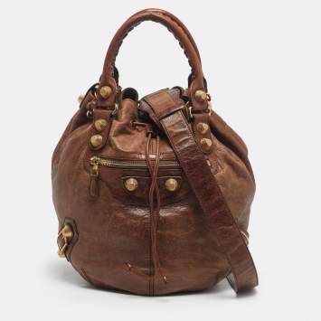 Pre Owned Balenciaga Brown Leather GGH Pompon Hobo