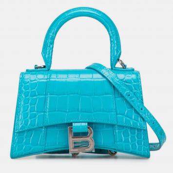 Pre Owned Balenciaga Blue XS Croc Embossed Hourglass Top Handle Bag