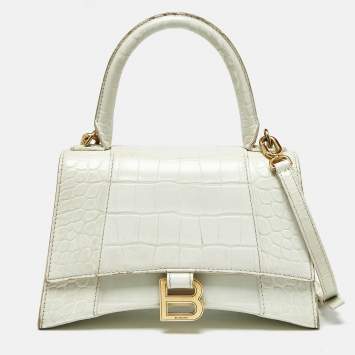 Pre Owned Balenciaga White Croc Embossed Leather Small Hourglass Top Handle Bag