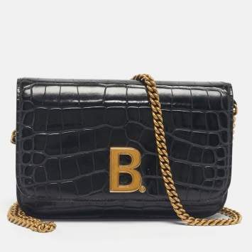 Pre Owned Balenciaga Black Croc Embossed Leather B. Wallet On Chain