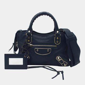 Pre Owned Balenciaga Navy Blue Mini Chevre Motocross Classic Metallic Edge City Satchel