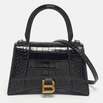 Pre Owned Balenciaga Black Croc Embossed Leather Small Hourglass Top Handle Bag