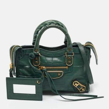 Pre Owned Balenciaga Green Croc Embossed Leather Nano Metallic Edge City Bag