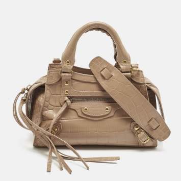 Pre Owned Balenciaga Beige Croc Embossed Leather Mini City Bag
