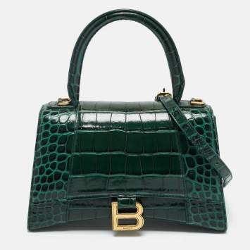 Pre Owned Balenciaga Green Croc Embossed Leather Small Hourglass Top Handle Bag