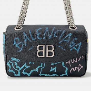 Pre Owned Balenciaga Graffiti Chain shoulder Black/Blue Leather