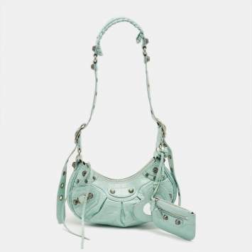 Pre Owned Balenciaga Pale Turquoise Croc Embossed Leather XS Le Cagole Shoulder Bag