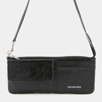 Pre Owned Balenciaga Logo Superbusy Shoulder Bag Black Leather