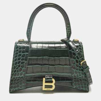 Pre Owned Balenciaga Green Croc Embossed Leather Small Hourglass Top Handle Bag