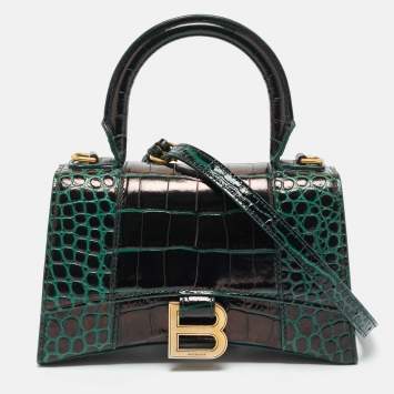 Pre Owned Balenciaga Dark Green Croc Embossed Leather XS Hourglass Top Handle Bag