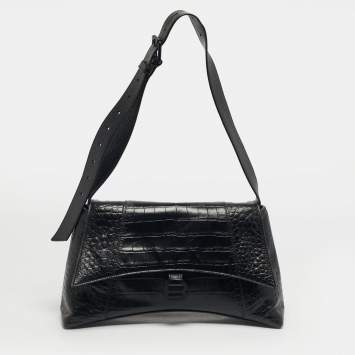 Pre Owned Balenciaga Black Croc Embossed Leather Hourglass Shoulder Bag