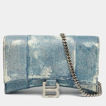 Pre Owned Balenciaga Hourglass Blue Denim Print Leather Wallet On Chain