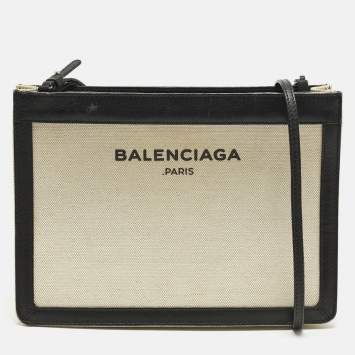 Pre Owned Balenciaga Pochette Off White/Black Canvas and Leather Shoulder Bag