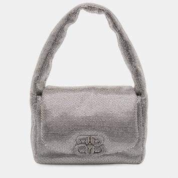مملوكة مسبقًا Balenciaga Silver Small Rhinestone Embellished Calfskin Monaco Sling Shoulder Bag