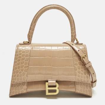 مملوكة مسبقًا Balenciaga Hourglass Small Beige Croc Embossed Leather Top Handle Bag