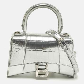 Pre Owned Balenciaga Hourglass XS Silver Croc Embossed Leather Top Handle Bag