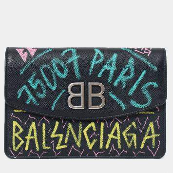 Pre Owned Balenciaga Black Leather Graffiti Crossbody Bag
