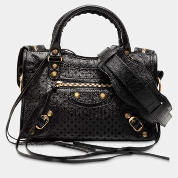 Pre Owned Balenciaga Black Mini Lambskin Motocross Stadio Laser Cut Cross Classic City Satchel