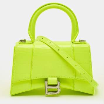 مملوكة مسبقًا Balenciaga Hourglass XS Fluorescent Yellow Croc Embossed Leather Top Handle Bag