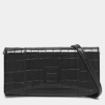 Pre Owned Balenciaga Hourglass Black Croc Embossed Leather Clutch Bag