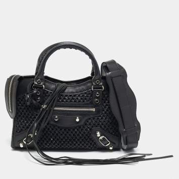 Pre Owned Balenciaga Classic City Mini Black Leather and Raffia Bag