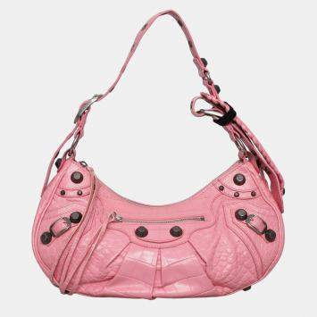Pre Owned Balenciaga Small Pink Croc Embossed Leather Le Cagole Shoulder Bag