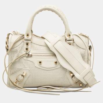 مملوكة مسبقًا Balenciaga White Mini Perforated Leather Motocross Classic City Satchel