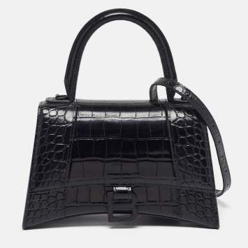 مملوكة مسبقًا Balenciaga Hourglass Small Black Croc Embossed Leather Top Handle Bag