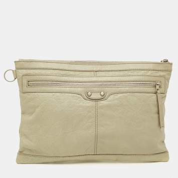 Pre Owned Balenciaga Clip L Classic Hardware Olive Grey Leather Clutch