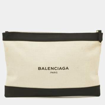 Pre Owned حقيبة كلتش بالنسياغا بحري بيج/أسود قماش وجلد نوبيوك