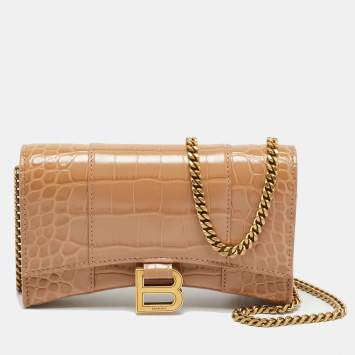 Pre Owned Balenciaga Hourglass Beige Croc Embossed Leather Wallet On Chain
